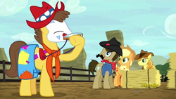 Size: 1280x720 | Tagged: safe, screencap, character:applejack, character:braeburn, character:sheriff silverstar, episode:appleoosa's most wanted, g4, my little pony: friendship is magic, bullfighter (rodeo), discovery family logo, harmonica, man with a harmonica, musical instrument, once upon a time in the west, rodeo clown, song reference