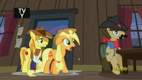 Size: 500x281 | Tagged: safe, screencap, character:applejack, character:braeburn, character:sheriff silverstar, episode:appleoosa's most wanted, g4, my little pony: friendship is magic, animated, animation error, bandage, discovery family, discovery family logo, rain, wet, wet mane