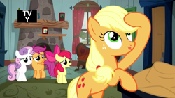 Size: 1920x1080 | Tagged: safe, screencap, character:apple bloom, character:applejack, character:scootaloo, character:sweetie belle, species:pegasus, species:pony, episode:appleoosa's most wanted, g4, my little pony: friendship is magic, cutie mark crusaders, hatless, missing accessory, silly, silly pony, tongue out, who's a silly pony