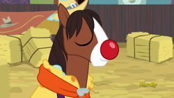 Size: 1920x1080 | Tagged: safe, screencap, character:trouble shoes, episode:appleoosa's most wanted, g4, my little pony: friendship is magic, clothing, clown nose, cute, eyes closed, happy, hat, hay bale, majestic, smiling, smug, solo, troublebetes, wet
