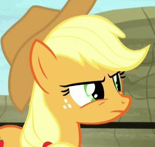 Size: 523x495 | Tagged: safe, screencap, character:applejack, episode:appleoosa's most wanted, g4, my little pony: friendship is magic, animated, applejack judges on the outside, unamused, unconvinced applejack