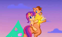 Size: 740x435 | Tagged: safe, screencap, character:scootaloo, character:scootaloo (g3), character:twinkle wish, character:whimsey weatherbe, species:pegasus, species:pony, episode:twinkle wish adventure, g3.5, looking at you, mount, mounting, ponies riding dragons, scootaloo can fly