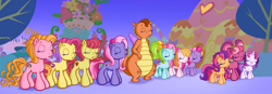 Size: 1243x435 | Tagged: safe, screencap, character:apple spice, character:cheerilee (g3), character:fiesta flair, character:pinkie pie (g3), character:rainbow dash (g3), character:scootaloo (g3), character:starsong, character:sweetie belle (g3), character:toola roola (g3), character:whimsey weatherbe, episode:twinkle wish adventure, g3.5, amberlocks (g3), eyes closed, fizzypop, g3 panorama, panorama