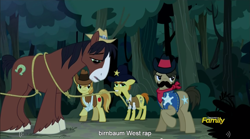 Size: 1281x713 | Tagged: safe, screencap, character:braeburn, character:sheriff silverstar, character:trouble shoes, episode:appleoosa's most wanted, g4, my little pony: friendship is magic, discovery family logo, meme, rap, youtube caption