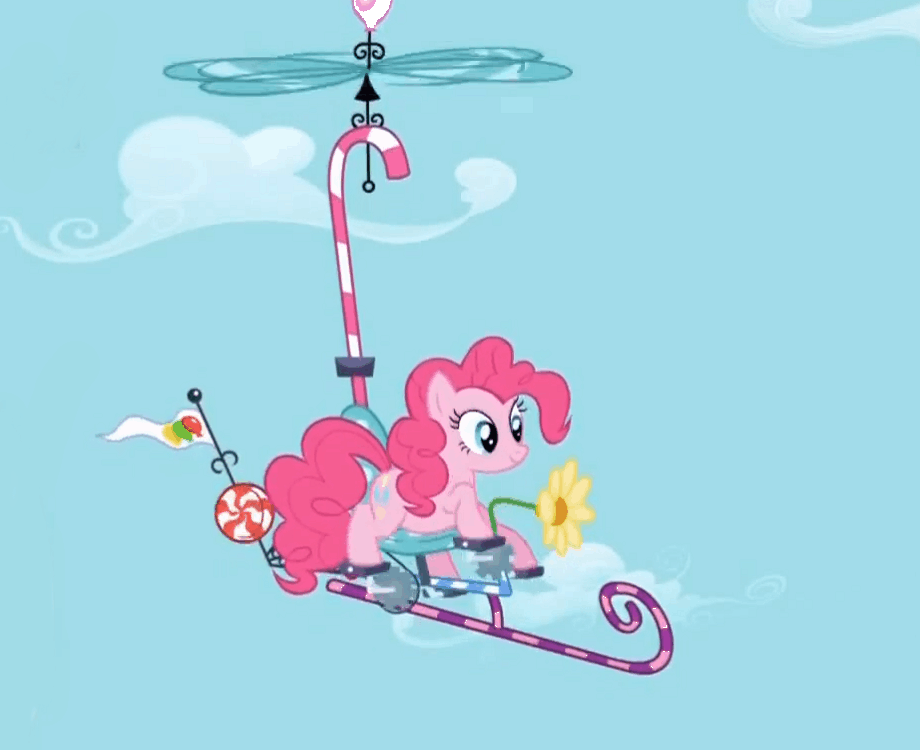 Size: 920x750 | Tagged: safe, screencap, character:pinkie pie, episode:griffon the brush-off, animated, autogyro, flying contraption, helicopter, pedalcopter, pedaling, solo