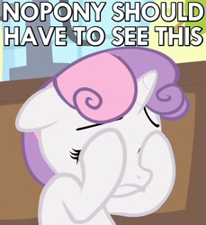 Size: 640x700 | Tagged: safe, screencap, character:sweetie belle, episode:somepony to watch over me, g4, my little pony: friendship is magic, caption, covering eyes, double facehoof, facehoof, image macro, reaction image, solo