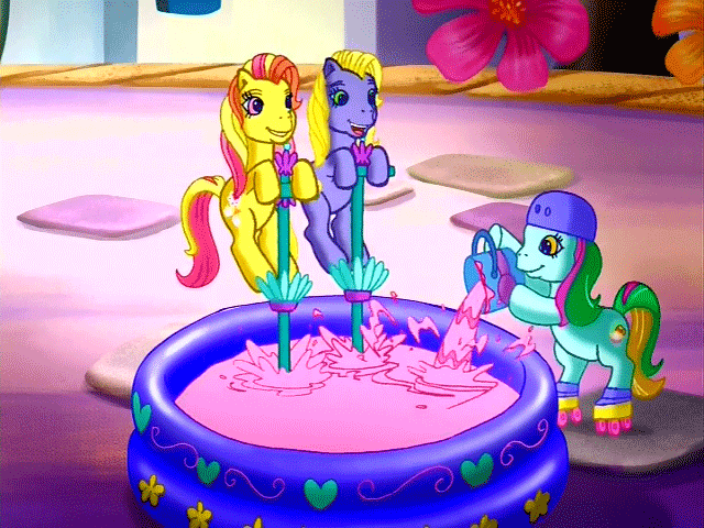 Size: 640x480 | Tagged: safe, screencap, character:coconut cream (g3), character:gem blossom, episode:positively pink, g3, animated, bucket, context is for the weak, daisyjo, helmet, paint, pink, pogo stick, roller skates, swimming pool