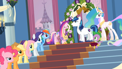 Size: 1366x768 | Tagged: safe, screencap, character:applejack, character:fluttershy, character:pinkie pie, character:princess cadance, character:princess celestia, character:queen chrysalis, character:rainbow dash, character:rarity, character:shining armor, character:spike, species:changeling, episode:a canterlot wedding, g4, my little pony: friendship is magic, disguise, disguised changeling, fake cadance