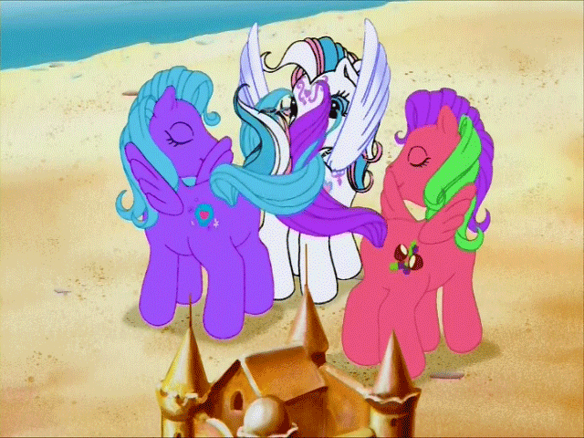 Size: 640x480 | Tagged: safe, screencap, character:coconut grove, character:island delight, character:star catcher, episode:friends are never far away, g3, animated, beach, butterfly island, intertwined tails, pegasus promise, sand castle, sandcastle