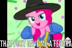 Size: 960x640 | Tagged: safe, screencap, character:pinkie pie, episode:testing testing 1-2-3, g4, my little pony: friendship is magic, clothing, fedora, hat, image macro, meme, rapper pie, solo
