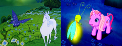 Size: 1280x480 | Tagged: safe, screencap, character:lily lightly, episode:come back lily lightly, g3, amalthea, butterfly, comparison, firefly, insect, reference, the last unicorn