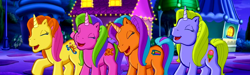 Size: 1574x473 | Tagged: safe, screencap, character:brights brightly, character:ice scoop, character:night shine, character:shine-a-belle, species:pony, species:unicorn, episode:come back lily lightly, g3, g3 panorama, laughing, night, panorama