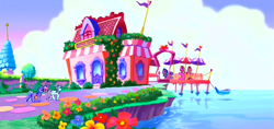 Size: 1020x480 | Tagged: safe, screencap, character:cotton candy (g3), character:minty, character:pinkie pie, character:razzaroo, episode:a charming birthday, g3, cotton candy cafe, g3 panorama, panorama, shore, umbrella, water