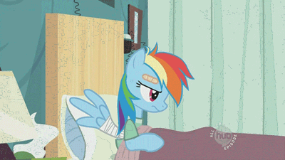 Size: 400x225 | Tagged: safe, screencap, character:rainbow dash, species:pegasus, species:pony, episode:read it and weep, g4, my little pony: friendship is magic, animated, bandage, bandaged wing, bandaid, bed, bored, female, hospital bed, hub logo, lamp, loop, mare, solo