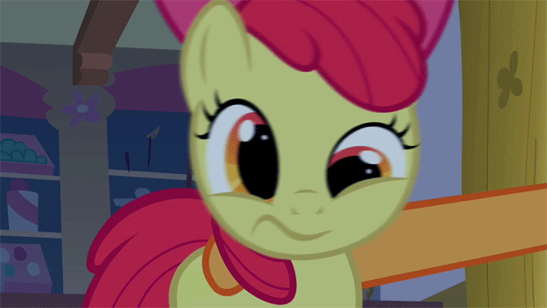 Size: 600x338 | Tagged: safe, screencap, character:apple bloom, character:applejack, episode:bridle gossip, g4, my little pony: friendship is magic, animated, derp, offscreen character, solo focus, spinning eyes