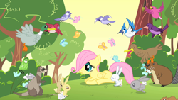 Size: 1280x720 | Tagged: safe, screencap, character:fluttershy, species:bird, species:duck, species:mallard, species:pegasus, species:pony, species:rabbit, episode:the cutie mark chronicles, g4, my little pony: friendship is magic, beaver, blue jay, butterfly, chickadee (bird), cute, filly, filly fluttershy, male, mouse, shyabetes, songbird, weasel