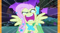 Size: 1280x720 | Tagged: safe, screencap, character:fluttershy, episode:the best night ever, g4, my little pony: friendship is magic, clothing, dress, flutterrage, gala dress, solo, you're going to love me