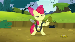Size: 1279x717 | Tagged: safe, screencap, character:apple bloom, species:earth pony, species:pony, episode:bloom and gloom, g4, my little pony: friendship is magic, bipedal, discovery family logo, female, filly, foal, game face, hoof hold, narrowed eyes, pest control gear, solo, twitbuster apple bloom