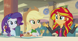 Size: 1920x1014 | Tagged: safe, screencap, character:applejack, character:rarity, character:sunset shimmer, equestria girls:rainbow rocks, g4, my little pony:equestria girls, shrug, shrugset shimmer