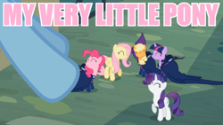 Size: 560x315 | Tagged: safe, screencap, character:applejack, character:fluttershy, character:pinkie pie, character:rainbow dash, character:rarity, character:twilight sparkle, forced perspective, image macro, mane six, meme, pink text