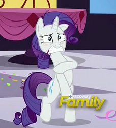 Size: 443x485 | Tagged: safe, screencap, character:rarity, episode:make new friends but keep discord, g4, my little pony: friendship is magic, assisted exposure, clothing theft, covering, discovery family logo, embarrassed, naked rarity, we don't normally wear clothes