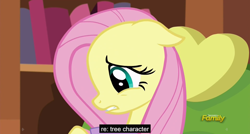 Size: 1600x855 | Tagged: safe, screencap, character:fluttershy, episode:make new friends but keep discord, g4, my little pony: friendship is magic, discovery family logo, fluttertree, meme, youtube caption