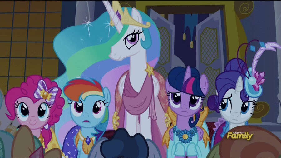 Size: 900x506 | Tagged: safe, screencap, character:pinkie pie, character:princess celestia, character:rainbow dash, character:rarity, character:sunshower raindrops, character:twilight sparkle, character:twilight sparkle (alicorn), species:alicorn, species:pony, episode:make new friends but keep discord, g4, my little pony: friendship is magic, animated, c:, clothing, cute, cutelestia, dress, eyes closed, female, frown, gala dress, glare, lady justice, laughing, looking at you, mare, smiling, swift justice, wide eyes