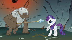 Size: 1280x718 | Tagged: safe, screencap, character:rarity, species:diamond dog, species:pony, species:unicorn, episode:a dog and pony show, g4, my little pony: friendship is magic, armor, diamond dog guard, duo, female, mare, raised hoof, scared, spear, stone spear, weapon