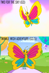 Size: 640x960 | Tagged: safe, screencap, character:sweetie belle, episode:twinkle wish adventure, episode:two for the sky, g3, g3.5, a very pony place, butterfly, comparison, continuity, cute, dreams do come true, looking at you