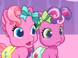 Size: 480x360 | Tagged: safe, screencap, character:cheerilee (g3), character:pinkie pie (g3), episode:so many different ways to play, g3.5, newborn cuties, bow, concerned, diaper, hair bow, once upon a my little pony time, shocked