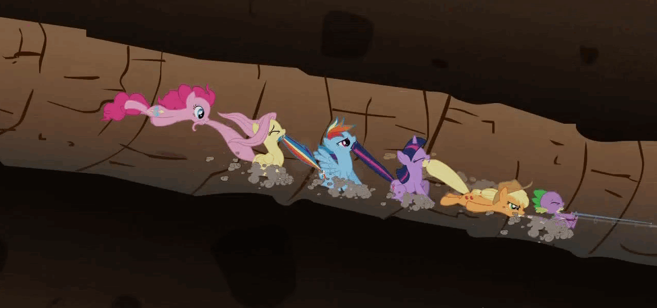 Size: 1280x600 | Tagged: safe, screencap, character:applejack, character:fluttershy, character:pinkie pie, character:rainbow dash, character:spike, character:twilight sparkle, character:twilight sparkle (unicorn), species:dragon, species:earth pony, species:pegasus, species:pony, species:unicorn, episode:a dog and pony show, g4, my little pony: friendship is magic, animated, biting, eyes closed, female, fishing rod, frown, gif, glare, grin, gritted teeth, hoofy-kicks, loop, male, mare, mouth hold, perfect loop, pinkie being pinkie, scared, sliding, smiling, spread wings, tail, tail bite, tail pull, tunnel, underground, wheeeee, windswept mane, wings