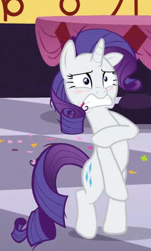 Size: 301x499 | Tagged: safe, screencap, character:rarity, species:pony, episode:make new friends but keep discord, g4, my little pony: friendship is magic, animated, assisted exposure, bipedal, blushing, clothing theft, covering, desperation, embarrassed, humiliation, implied nudity, loop, naked rarity, we don't normally wear clothes