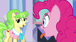 Size: 1280x720 | Tagged: safe, screencap, character:chickadee, character:ms. peachbottom, character:pinkie pie, episode:games ponies play, g4, my little pony: friendship is magic, tongue out