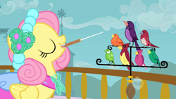 Size: 1920x1080 | Tagged: safe, screencap, character:constance, character:fluttershy, species:bird, species:pegasus, species:pony, episode:a canterlot wedding, g4, my little pony: friendship is magic, alternate hairstyle, baton, chickadee (bird), clothing, conductor's baton, cute, dress, eyes closed, female, house finch, mare, mouth hold, perch, purple martin, shyabetes, songbird