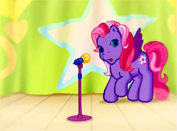Size: 831x616 | Tagged: safe, screencap, character:starsong, episode:starsong's dance & sing party, g3, meet the ponies, flashback, looking at you, microphone, solo, stage