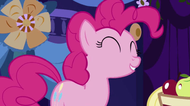 Size: 640x360 | Tagged: safe, screencap, character:applejack, character:pinkie pie, species:earth pony, species:pony, episode:friendship is magic, g4, my little pony: friendship is magic, animated, apple, aweeg*, cute, diapinkes, eating, eyes closed, faec, feederjack, feeding, female, food, force feeding, grin, herbivore, hoof hold, hoof in mouth, hoofjack, mare, puffy cheeks, smiling, solo focus, stuffing, talking, wat, wide eyes