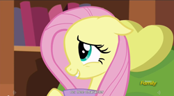 Size: 1280x713 | Tagged: safe, screencap, character:fluttershy, species:pegasus, species:pony, episode:make new friends but keep discord, g4, my little pony: friendship is magic, cute, female, floppy ears, fluttertree, mare, meme, shyabetes, smiling, youtube caption
