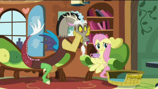 Size: 520x293 | Tagged: safe, screencap, character:discord, character:fluttershy, episode:make new friends but keep discord, g4, my little pony: friendship is magic, animated, cute, discovery family logo, discute, floppy ears, frown, hoof hold, sitting, smiling, tail wag