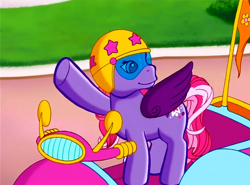 Size: 700x518 | Tagged: safe, screencap, character:starsong, episode:scootaloo's outdoor play party, g3, meet the ponies, helmet, looking back, smiling, solo, waving, win