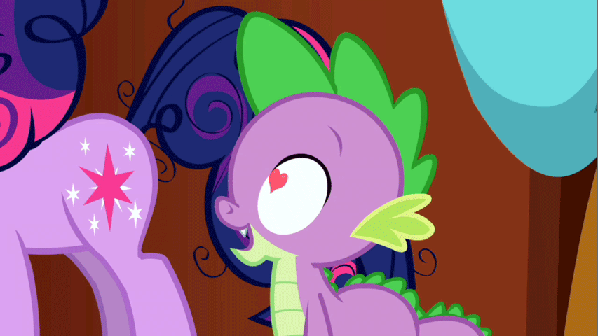 Size: 853x480 | Tagged: safe, screencap, character:spike, character:twilight sparkle, species:dragon, species:pony, species:unicorn, episode:friendship is magic, g4, my little pony: friendship is magic, animated, female, heart eyes, male, mare, out of context, plot, wingding eyes