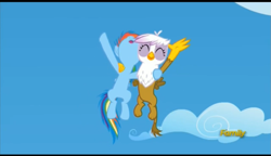 Size: 977x561 | Tagged: safe, screencap, character:gilda, character:rainbow dash, species:griffon, species:pegasus, species:pony, episode:the lost treasure of griffonstone, g4, my little pony: friendship is magic, cheering, chickub, cub, cute, dashabetes, duo, eyes closed, filly, flying, foal, gildadorable, hug, junior speedsters chant, smiling, young