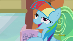 Size: 875x492 | Tagged: safe, screencap, character:rainbow dash, episode:the lost treasure of griffonstone, g4, my little pony: friendship is magic, alternate hairstyle, book, chickun, derp, discovery family logo, faec, mane swap, manebow sparkle, meme, open mouth, rainbow dash is best facemaker, smiling, solo