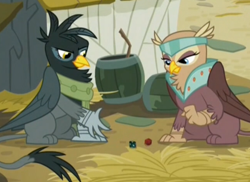 Size: 646x469 | Tagged: safe, screencap, character:gertrude, character:gigi, species:griffon, episode:the lost treasure of griffonstone, g4, my little pony: friendship is magic, background griffon, clothing, dice, female, frown, gambling, glare, scarf, sitting