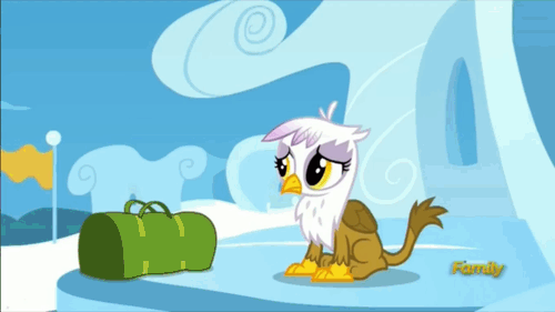 Size: 500x281 | Tagged: safe, screencap, character:gilda, character:rainbow dash, species:griffon, episode:the lost treasure of griffonstone, g4, my little pony: friendship is magic, animated, chickub, cute, discovery family, discovery family logo, duffle bag, filly rainbow dash, flag, gildadorable, li'l gilda, young, younger
