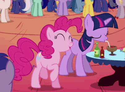 Size: 403x296 | Tagged: safe, screencap, character:pinkie pie, character:twilight sparkle, character:twilight sparkle (unicorn), species:earth pony, species:pony, species:unicorn, episode:friendship is magic, g4, my little pony: friendship is magic, animated, cinemagraph, duo, eyes closed, female, mare, trotting, trotting in place
