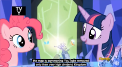 Size: 853x467 | Tagged: safe, screencap, character:pinkie pie, character:twilight sparkle, character:twilight sparkle (alicorn), species:alicorn, species:pony, episode:the lost treasure of griffonstone, g4, my little pony: friendship is magic, discovery family logo, meme, youtube, youtube caption