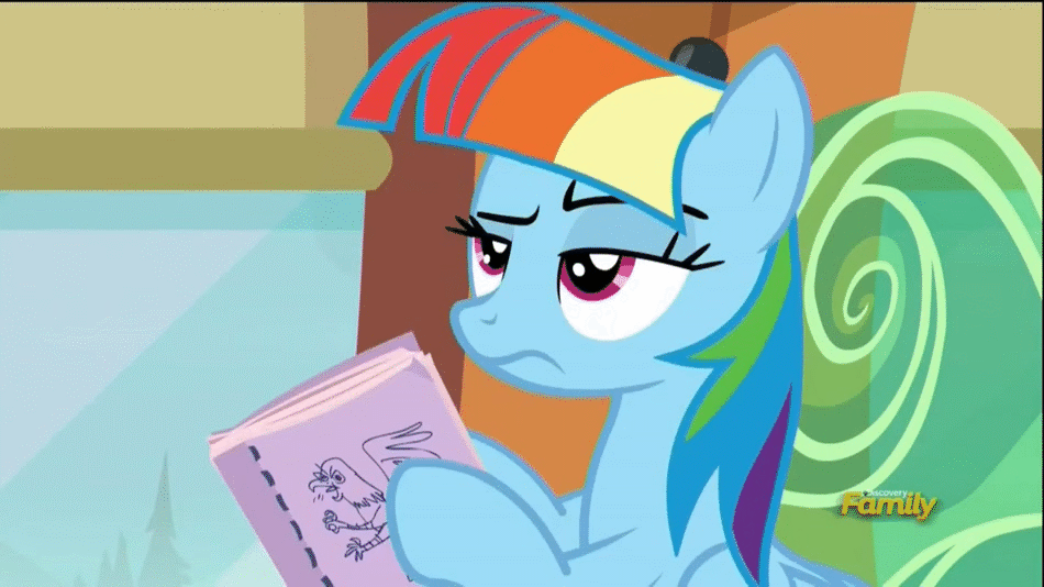Size: 950x534 | Tagged: safe, screencap, character:rainbow dash, episode:the lost treasure of griffonstone, g4, my little pony: friendship is magic, alternate hairstyle, animated, book, frown, manebow sparkle, solo, unamused, wide eyes