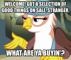 Size: 606x508 | Tagged: safe, screencap, species:griffon, episode:the lost treasure of griffonstone, g4, my little pony: friendship is magic, gimme moore, image macro, meme, resident evil, resident evil 4, solo