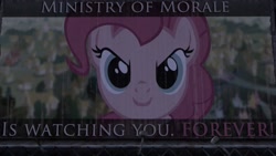 Size: 1280x720 | Tagged: safe, screencap, character:pinkie pie, species:earth pony, species:pony, fallout equestria, billboard, fallout: new vegas, fallout: new vegas mod, fanfic, fanfic art, female, forever, looking at you, mare, ministry mares, ministry of morale, pinkie pie is watching you, poster, propaganda, smiling, solo, text