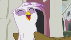 Size: 1920x1080 | Tagged: safe, screencap, character:gilda, species:griffon, episode:the lost treasure of griffonstone, g4, my little pony: friendship is magic, behaving like a bird, birb, birds doing bird things, catbird, cute, eyes closed, faec, gildadorable, griffons doing bird things, griffonstone, happy, laughing, open mouth, smiling, solo